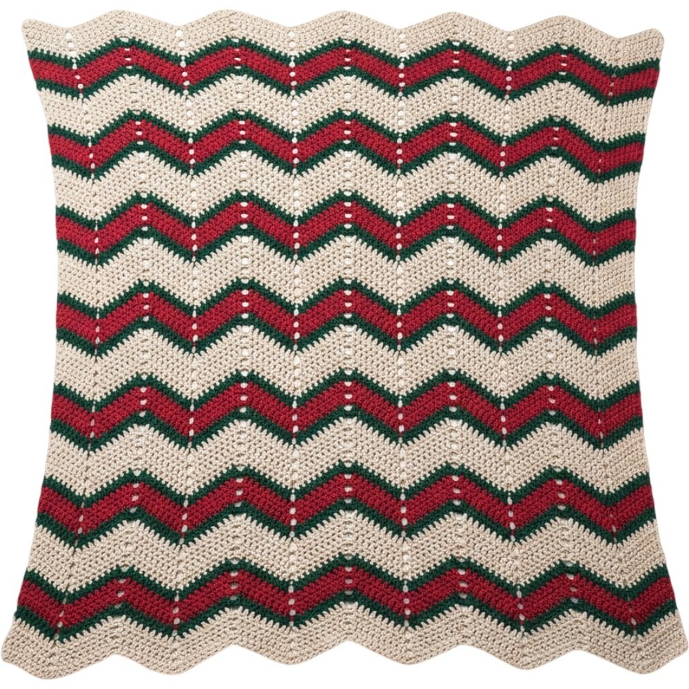 Handmade Crochet Blanket Red Green Chevron Ripple Afghan Holiday Throw 76x61"